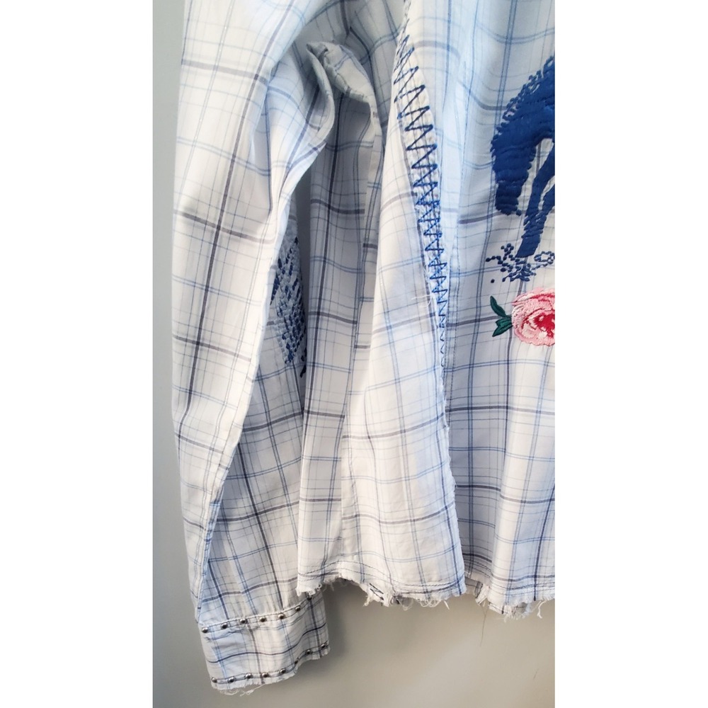 3J Workshop Johnny Was L Plaid Shirt Embroidery Rose Western Cowgirl Raw Hem L/S - Picture 13 of 16